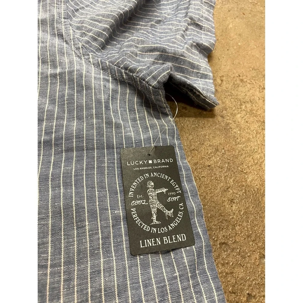 Lucky Brand Shirt Mens XL Blue Striped Linen Short Sleeve Camp Collar Casual - Picture 4 of 16